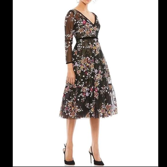 Mac Duggal Embroidered Floral Lace Tea Dress - Picture 1 of 9